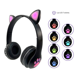 Audifonos On ear bluetooth dise o orejas de gato con luz led