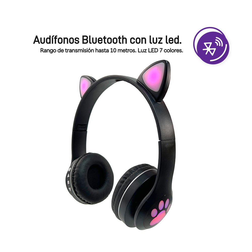Audifonos On ear bluetooth diseño orejas de gato con luz led.