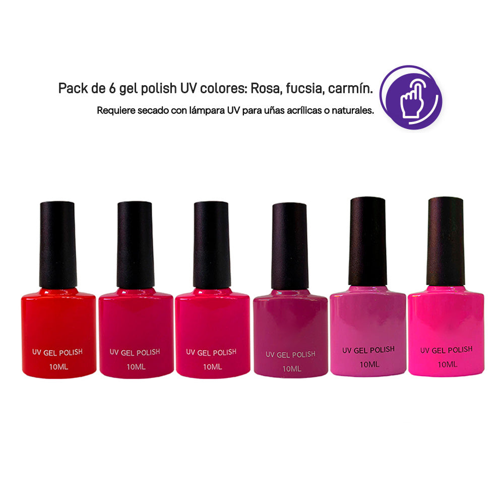 Pack de 6 geles polish UV colores rosa fucsia carmín